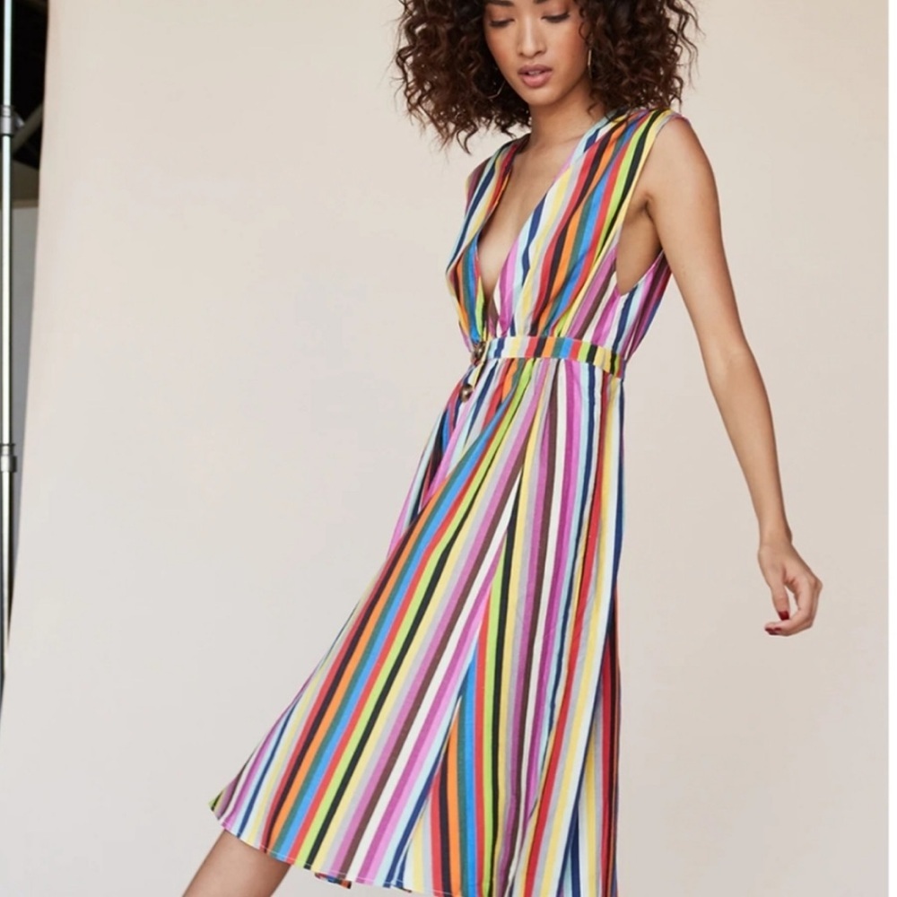 LPA by Revolve Shirred‎ rainbow striped shirt dress button up skirt XXS